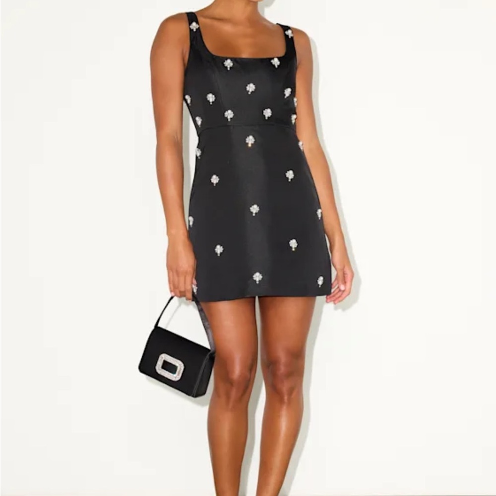 Naveena Black Satin Pearl Rhinestone Mini Dress